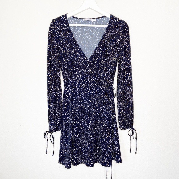 Mng Mango Navy Yellow Spotted Faux Wrap Long Sleeve Tie Cuff Dress XS - Picture 1 of 11